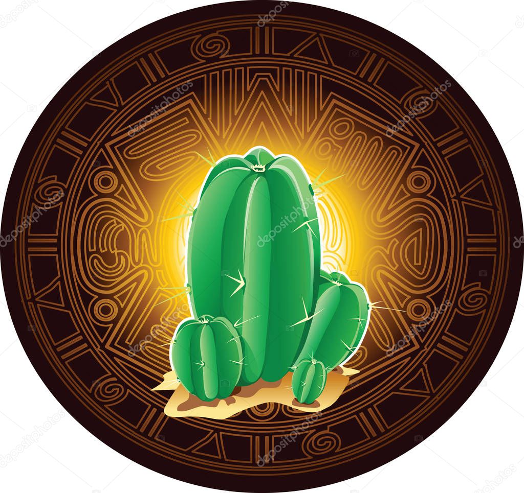 Cactus on background of stylized image of ancient Mayan calendar