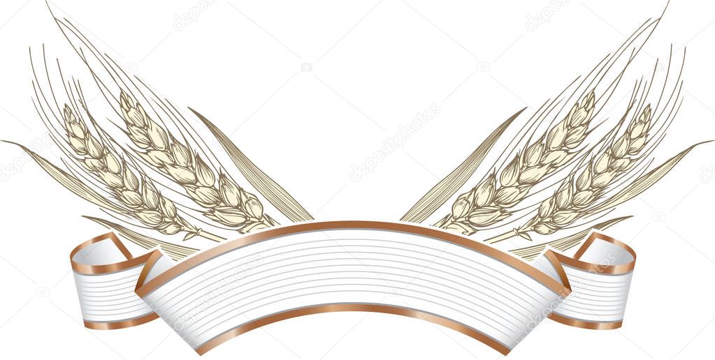 Gold ripe wheat ears on banner frame, border or corner element.