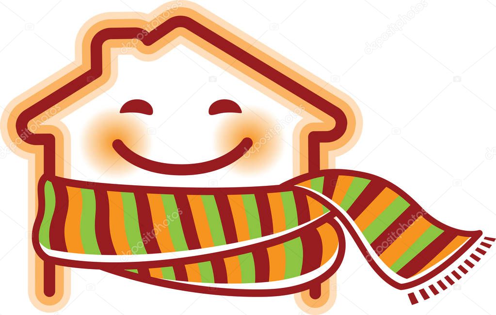 Happy cartoon house wrapped in a striped scarf. Save warm icon logo vector template