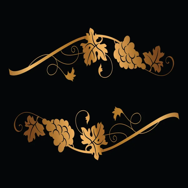 Золотые виноградные ветви с кучей винограда и листьев на черном . — стоковый вектор
