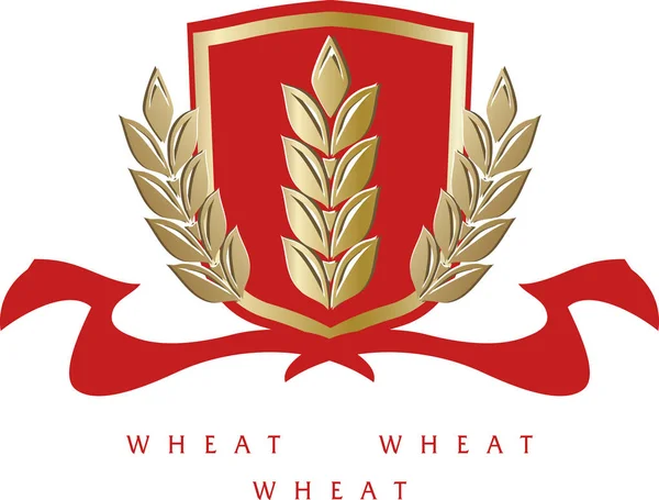 Golden ripe wheat ears on red heraldic ribbons. — Stock Vector