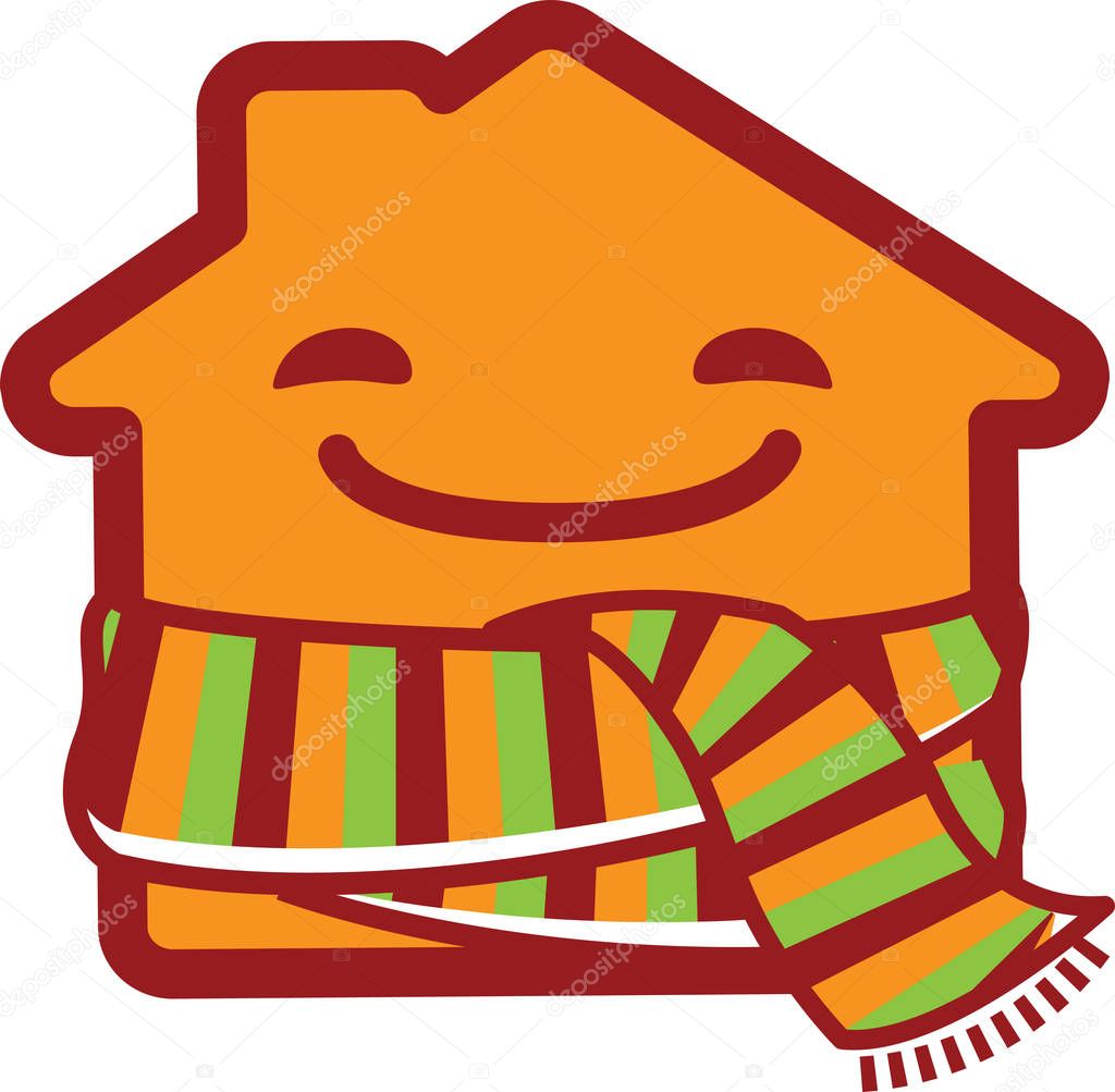 Happy cartoon house wrapped in a striped scarf. Save warm icon logo vector template