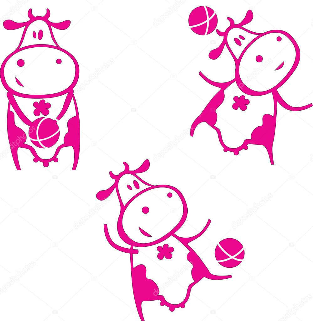 Cute funny cartoon cow playing with a ball.