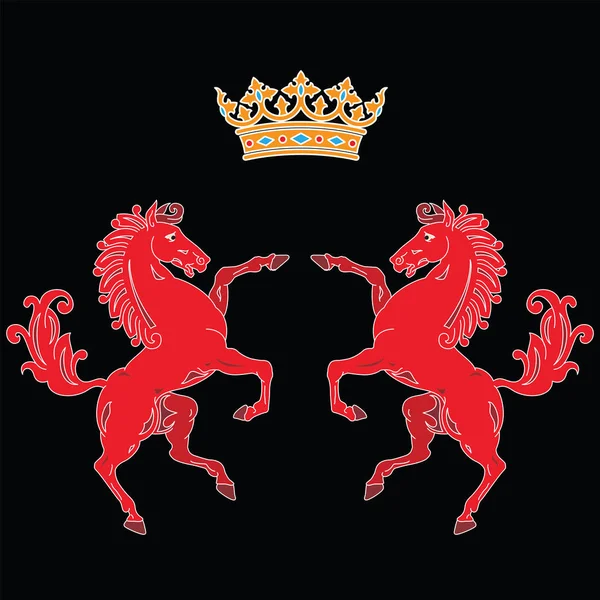 Два воспитания красных лошадей силуэты с королевской короной геральдических с — стоковый вектор