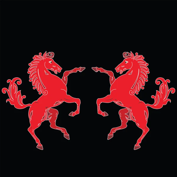 Twee opfok van rode paarden silhouetten heraldische symbool op zwart b — Stockvector