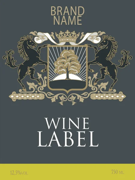 Plantilla de etiqueta de vino con un escudo de armas con dos caballos reare — Vector de stock