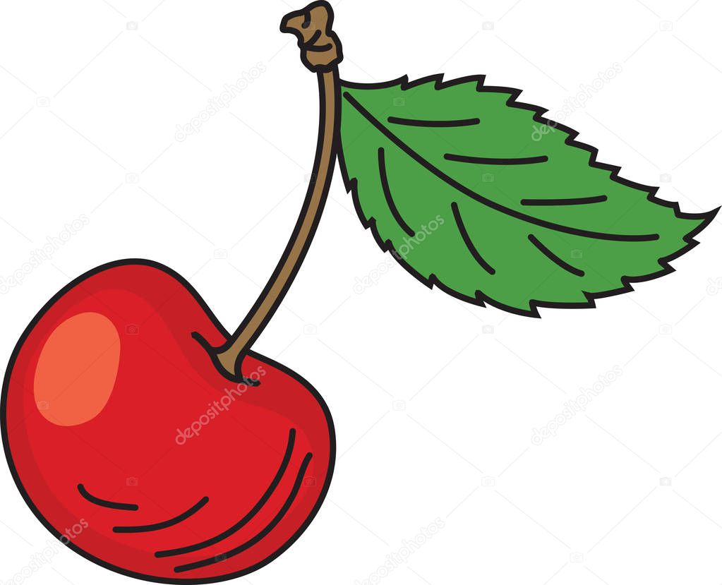 Hand drawn cartoon red ripe cherries with green leaves.