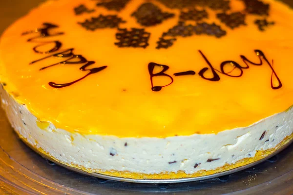Födelsedagstårta Cheesecake Med Text Och Choklad — Stockfoto