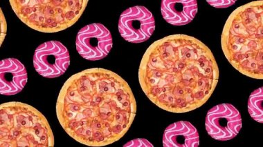 Uçan bir sürü pizzanın modaya uygun yemek arka plan animasyonu. Yüksek kalite 4k görüntü