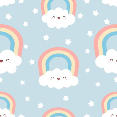 Gökkuşağı ve yıldız ile şirin kawaii bulutlar. Çocuk için seamless modeli, karikatür vektör çizim, kreş arka plan.