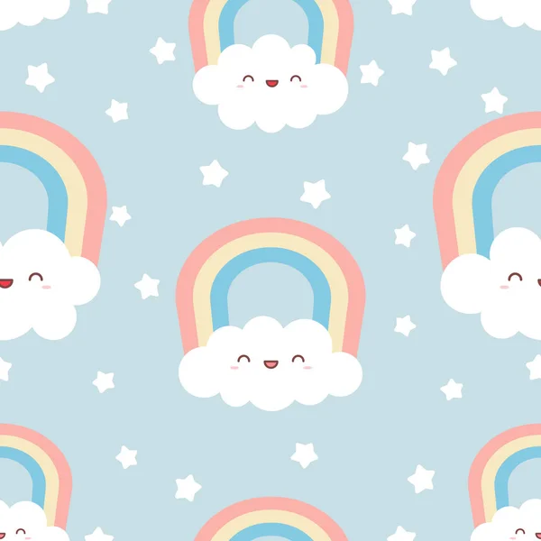 Cute Kawaii Clouds Rainbow Stars Seamless Pattern Cartoon Vector Illustration — Stock Vector