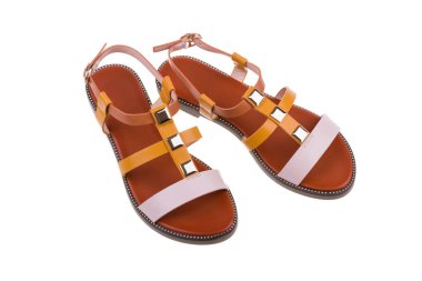 Beyaz arka plan üzerinde izole kadın sandalet çifti.