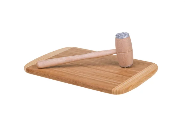 Houten Cutting Board Vlees Tenderizer Geïsoleerd Witte Achtergrond — Stockfoto