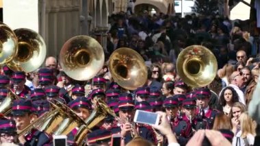 CORFU, GREECE - APRIL 7, 2018: Philharmonic musicians playing in Corfu Easter holiday celebrations.