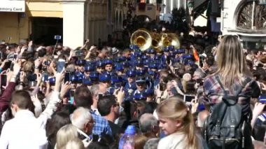 CORFU, GREECE - APRIL 7, 2018: Philharmonic musicians playing in Corfu Easter holiday celebrations.