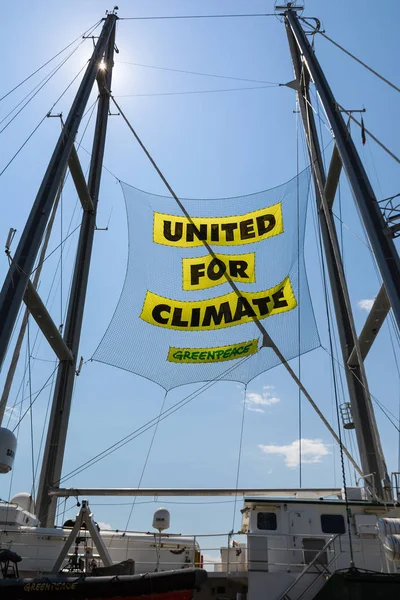 stock image BURGAS, BULGARIA - JUNE 7, 2019: Text United For Climate on the board of Greenpeace Rainbow Warrior sailing ship at the Port of Burgas, Bulgaria