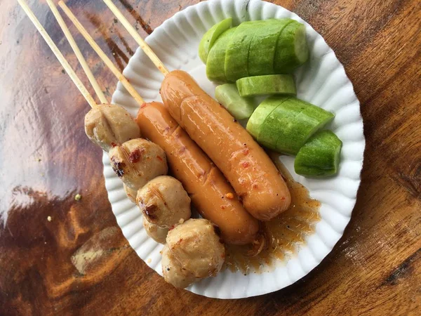 Bakso Thailand Dan Sosis Stik Makanan Thailand — Stok Foto