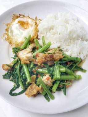 Fry stir Kai arazi ve gevrek domuz eti, beyaz arka plan üzerinde beyaz tabak kızarmış pilav pilav ile karıştırın. Tay tarzında gıda.