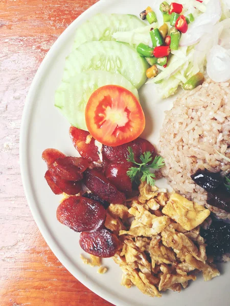 Arroz Cocido Mixto Con Salsa Pasta Camarones Tailandés Llamado Kao — Foto de Stock