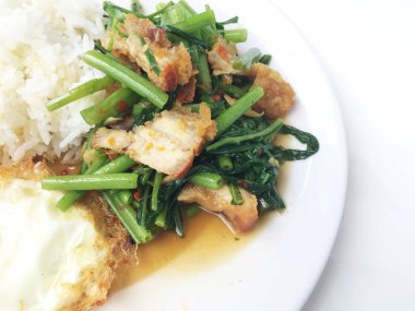 Fry stir Kai arazi ve gevrek domuz eti, beyaz arka plan üzerinde beyaz tabak kızarmış pilav pilav ile karıştırın. Tay tarzında gıda.