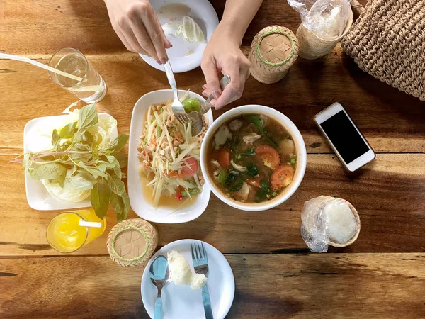 Thailändisches Essen Auf Dem Tisch Essen Von Nordöstlichen Speisen Som — Stockfoto