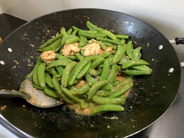 Groenten Roerbak Recept Van Pea Met Garnalen Garnalen Zwarte Ijzeren — Stockfoto