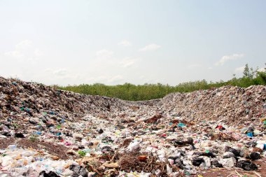 Dağ çöplüğü, büyük ve bozulmuş çöp yığını, pis koku ve zehirli kalıntı yığını, atık plastik şişeler ve çöp veya çöp sahasındaki diğer plastik atık alanları. Kirlilik kavramı.