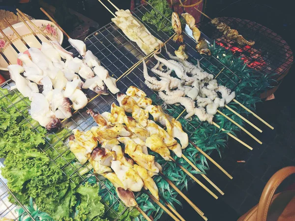 Delicious Grilled Squid Street Food Night Market Bangkok Thailand — Stock Photo, Image