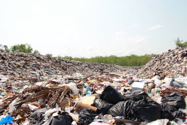 Dağ çöplüğü, büyük ve bozulmuş çöp yığını, pis koku ve zehirli kalıntı yığını, atık plastik şişeler ve çöp veya çöp sahasındaki diğer plastik atık alanları. Kirlilik kavramı.