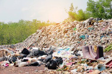 Dağ çöplüğü, büyük ve bozulmuş çöp yığını, pis koku ve zehirli kalıntı yığını, atık plastik şişeler ve çöp veya çöp sahasındaki diğer plastik atık alanları. Kirlilik kavramı.