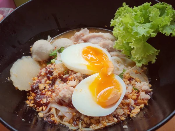 Thai Spicy Pork Noodle Soup Coconut Milk Vegetables Herbs Onsen — Stock Photo, Image