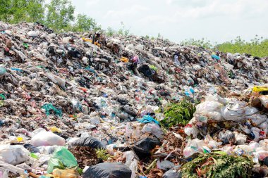 Dağ çöplüğü, büyük ve bozulmuş çöp yığını, pis koku ve zehirli kalıntı yığını, atık plastik şişeler ve çöp veya çöp sahasındaki diğer plastik atık alanları. Kirlilik kavramı.