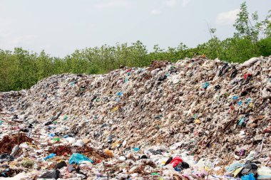 Dağ çöplüğü, büyük ve bozulmuş çöp yığını, pis koku ve zehirli kalıntı yığını, atık plastik şişeler ve çöp veya çöp sahasındaki diğer plastik atık alanları. Kirlilik kavramı.