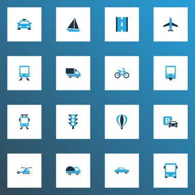 Ulaşım simgeler kümesi işareti, yol, tramvay ve diğer trafik ışığı elemanları renkte. İzole illüstrasyon ulaşım simgeler.