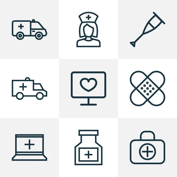 Iconos de medicina conjunto de estilo de línea con asistente, soporte, elementos de diagnóstico del coche. Iconos de medicina de ilustración aislada . — Foto de Stock