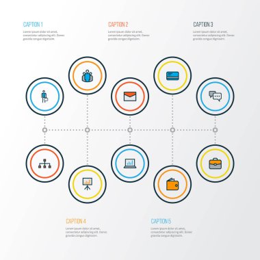 Ticaret simgeler renkli çizgi ile e-posta, çalışan, yapısı ve diğer çanta öğeleri. İzole vektör çizim ticaret simgeler.