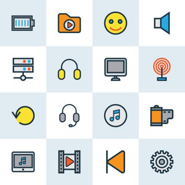 Müzik simgeleri ile geriye doğru ayarla satır, medya sunucusu, replay ve diğer gülümseme öğeleri renkli. İzole vektör illüstrasyon müzik simgeleri.