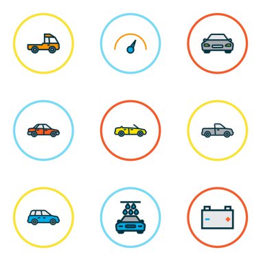 Araba simgeler renkli çizgi Araba, hız göstergesi, batarya ve diğer otomatik öğeleri ile ayarla. İzole vektör çizim araba simgeler.