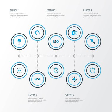 Fotoğraf simgeler zamanlayıcı, Chronometre, döndürme ve diğer parlaklık öğeleri kümesi renkte. İzole vektör çizim fotoğraf simgeler.