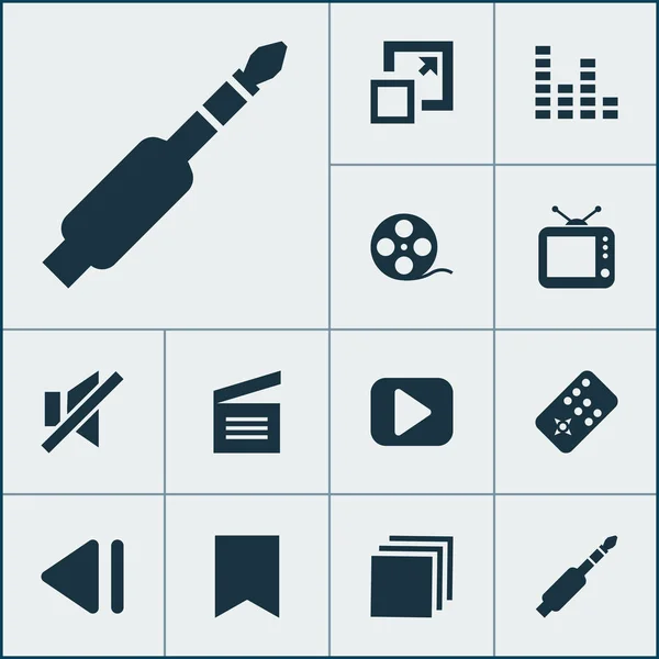 Ícones multimídia definido com início, marcador, ampliar e outros elementos do controlador. Isolado vetor ilustração ícones multimídia . — Vetor de Stock