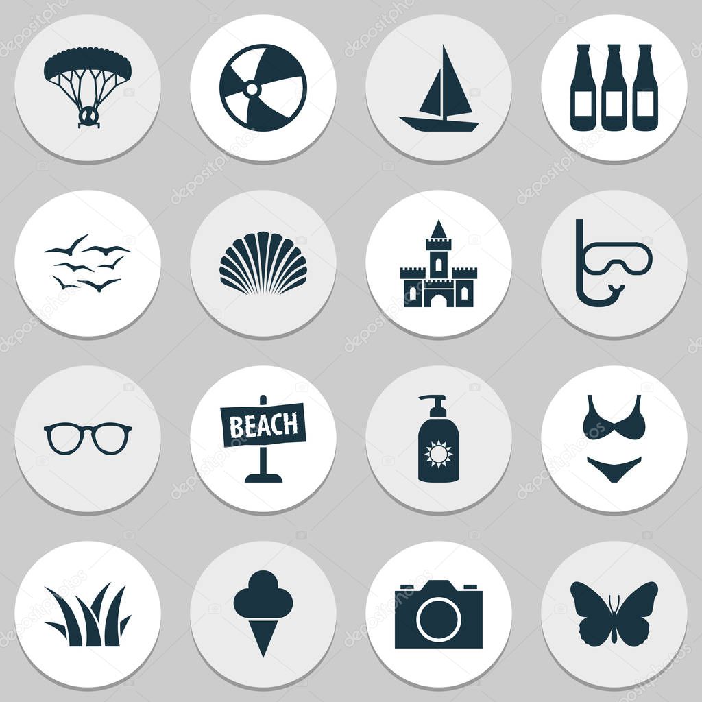 Season icons set with paraplane, boat, gulls and other balloon elements. Isolated vector illustration season icons.