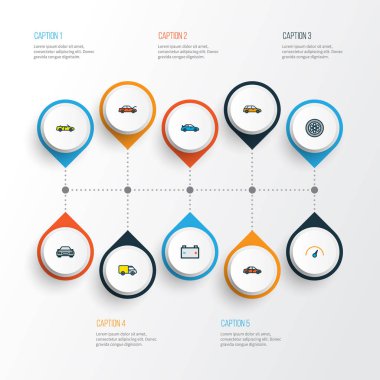 Spor, Araba, pil ve diğer spor öğeleri ile Ayarla satır otomobil simgeler renkte. İzole vektör çizim otomobil simgeler.