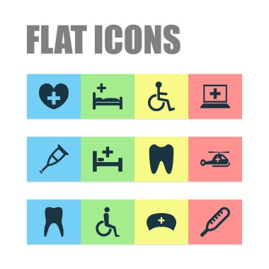 Tıp simgeler hemşire şapka, helikopter, bilgisayar ve diğer kap öğeleri ile ayarlayın. İzole vektör çizim tıp simgeler.