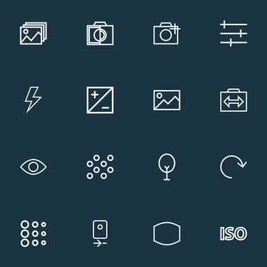 Resmi simgeler çizgi stili fotoğraf çekme, ayar, yuvarlak ve diğer anahtarı ile cam öğeleri ayarlayın. İzole vektör çizim resim simgeleri.