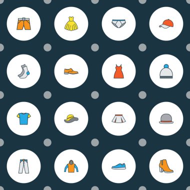 Giysi simgeler renkli çizgi elbise, pantolon, fedora ve diğer şort öğeleri ile ayarla. İzole vektör çizim giysi simgeler.