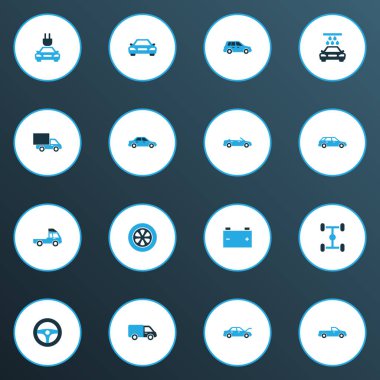 Otomatik simgeler kümesi araba, oto, akü ve diğer kamyon öğeleri ile renkli. İzole vektör çizim otomatik simgeler.