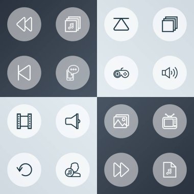 Müzik simgeleri stil replay, cep telefonu, şarkı listesi ve diğer gamepad öğeleri kümesi satır. İzole vektör illüstrasyon müzik simgeleri.