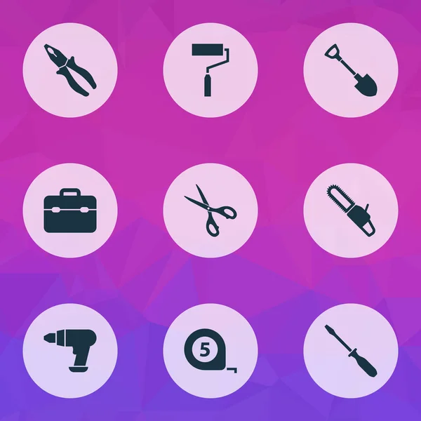 Conjunto de iconos de herramientas con cepillo de rodillo, motosierra, destornillador y otros elementos de tornillo. Iconos de herramientas de ilustración vectorial aislado . — Vector de stock