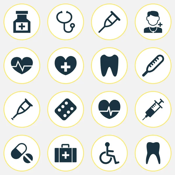 Лекарственные иконы с лекарствами, стойками, гранулами и другими лекарственными элементами. Изолированные векторные иконки медицины . — стоковый вектор