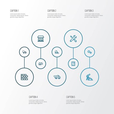 İnşaat simgeler stil duvar, traktör, hizmet ve diğer Ekskavatör öğeleri kümesi satır. İzole vektör illüstrasyon inşaat simgeler.